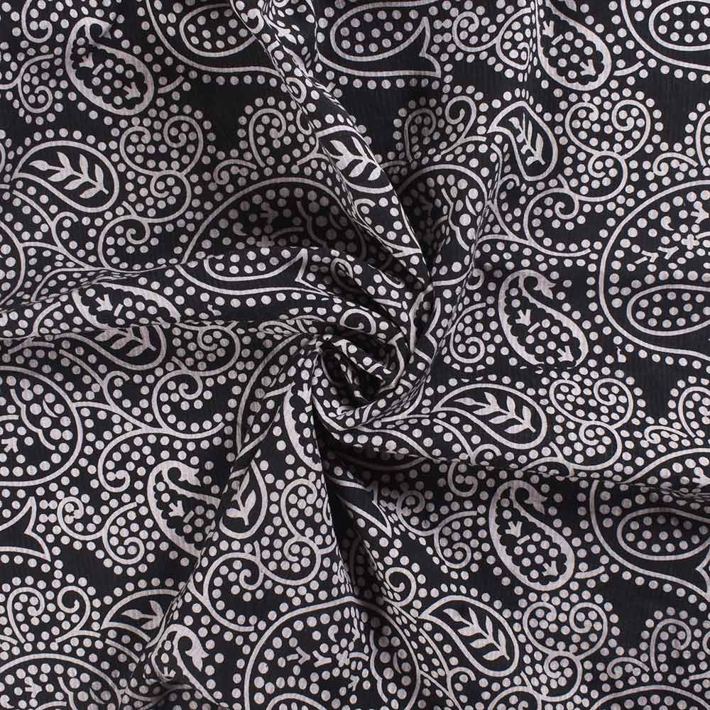 Paisley White & Black Screenprinted Cotton Khadi 104 GSM Handwoven Fabric