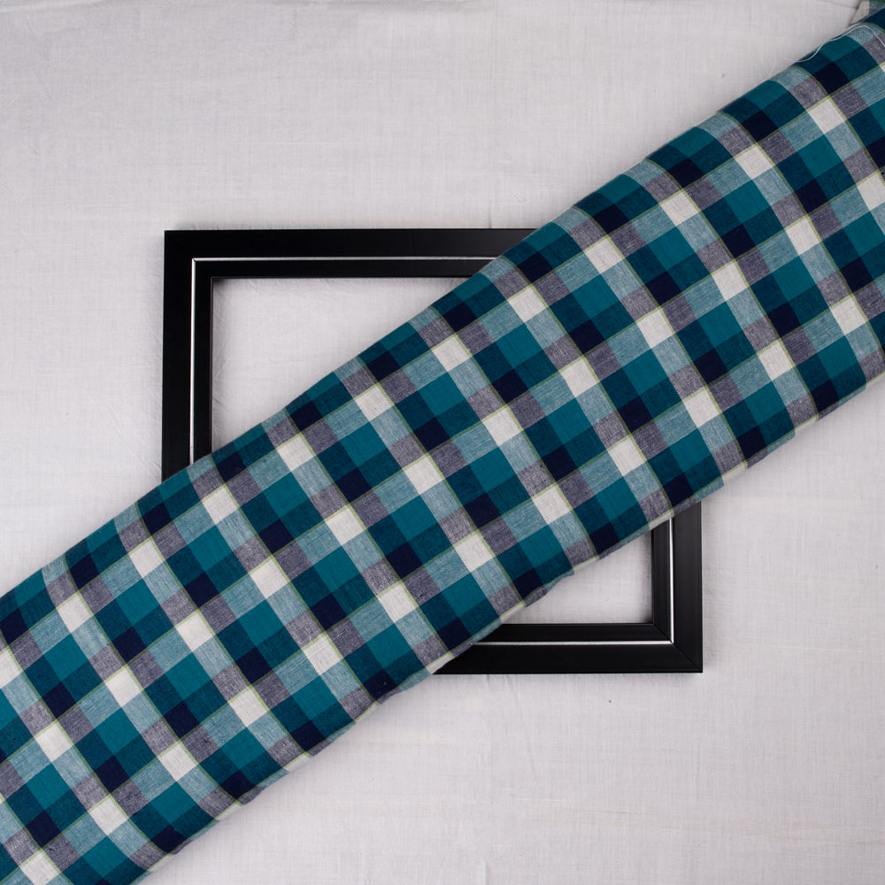 Check Teal Pure Cotton 92 GSM Handwoven Fabric