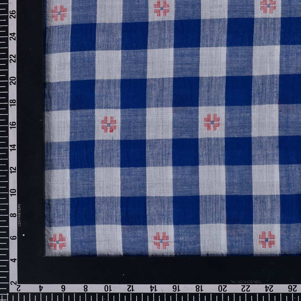 GEOMETRIC CHECK BLUE WHITE JAMDANI PURE COTTON 68 GSM HANDWOVEN FABRIC