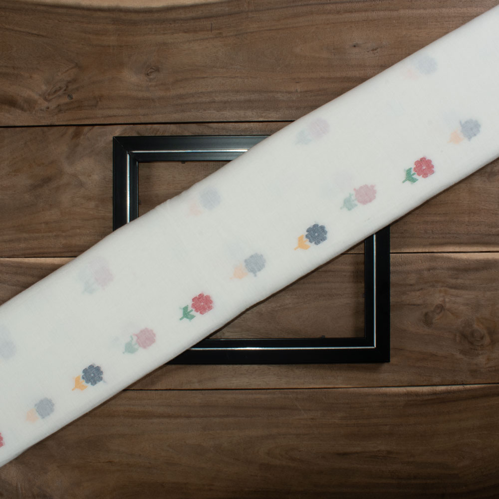 Multi flower White base Jamdani Pure Cotton 55 GSM Handwoven Fabric 