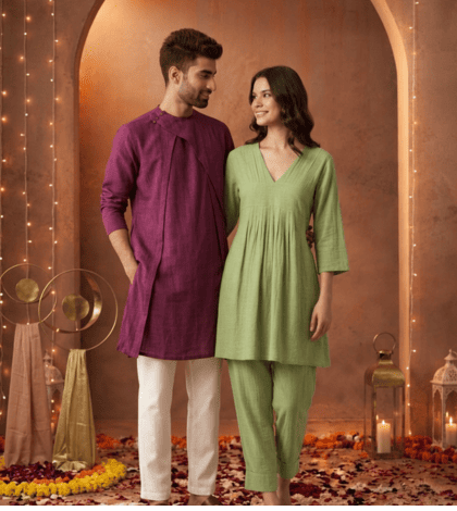 Pairing  V Neck Pleated Co-ord Set for women &nbsp;alongside the Layered Men's Kurta With High Neck 