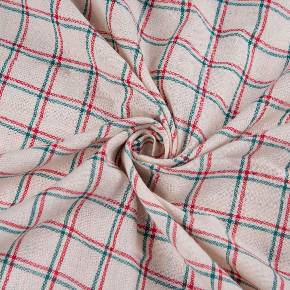 Check White Red & Green Khadi Cotton 98 GSM Handwoven Fabric