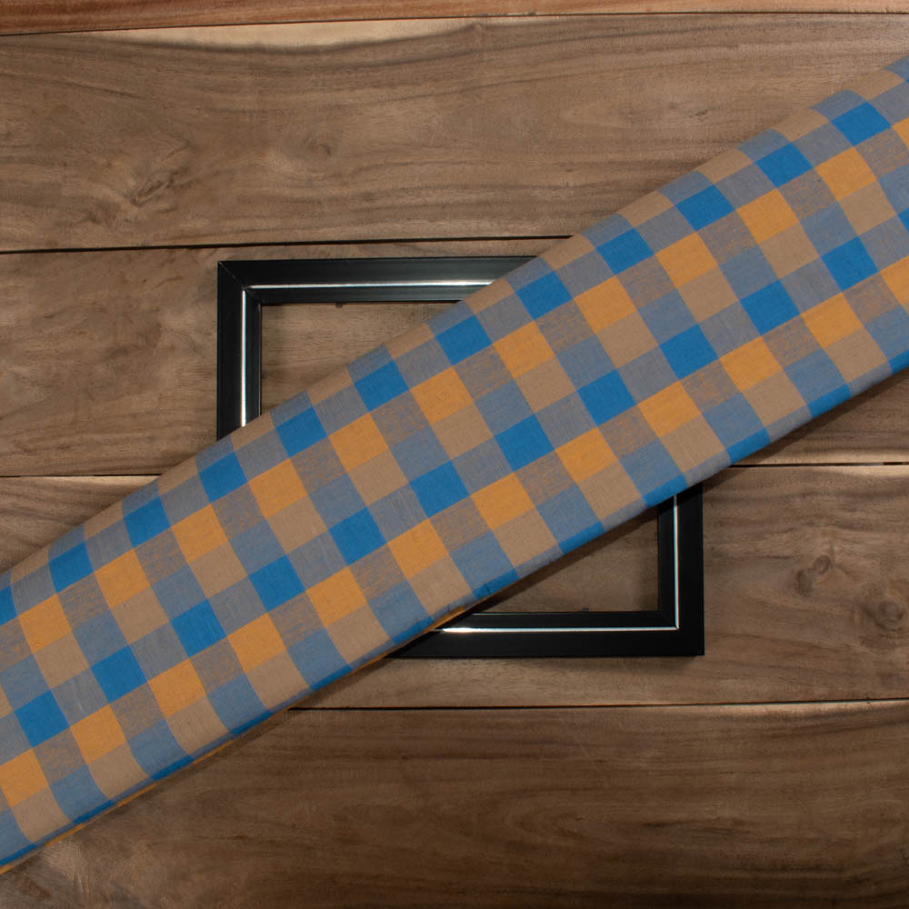 Check Tan and Blue Pure Cotton 95 GSM Handwoven Fabric 680