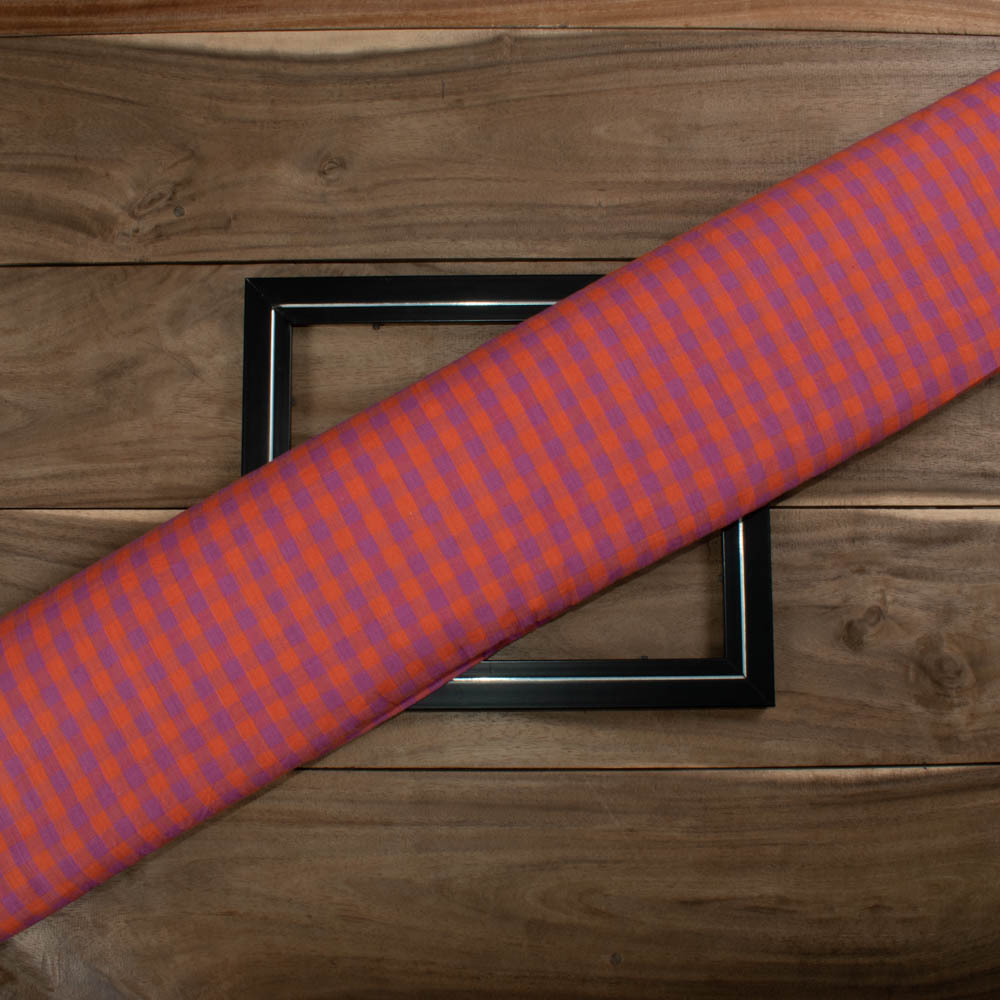 Check Orange Purple Pure Khadi 140 GSM Handwoven Fabric