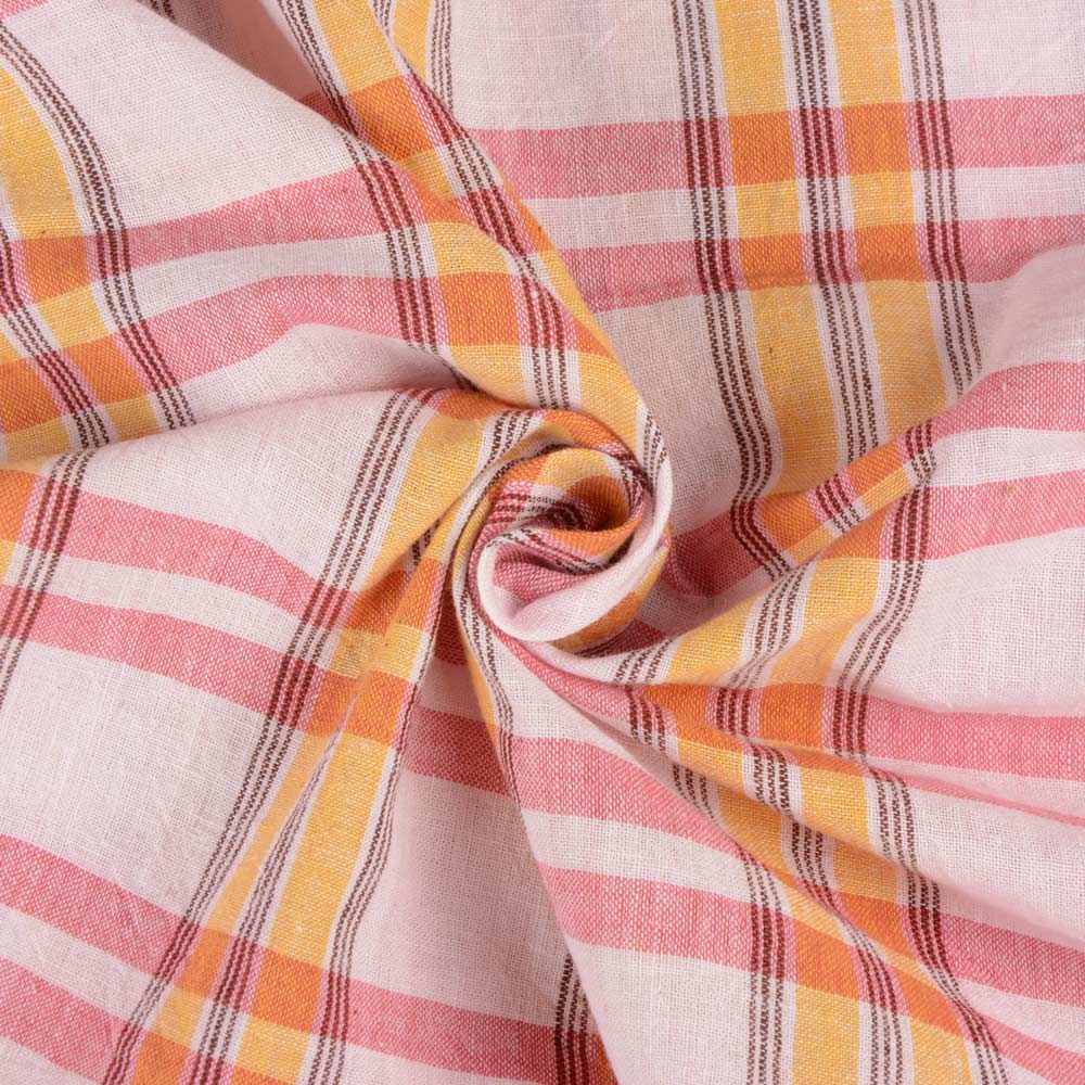 Check Pink Orange & Red Pure Handwoven Cotton 92 GSM Fabric