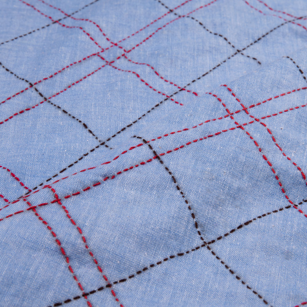 CHECK BLUE KANTHA EMBROIDERED KHADI COTTON 115 GSM HANDWOVEN FABRIC