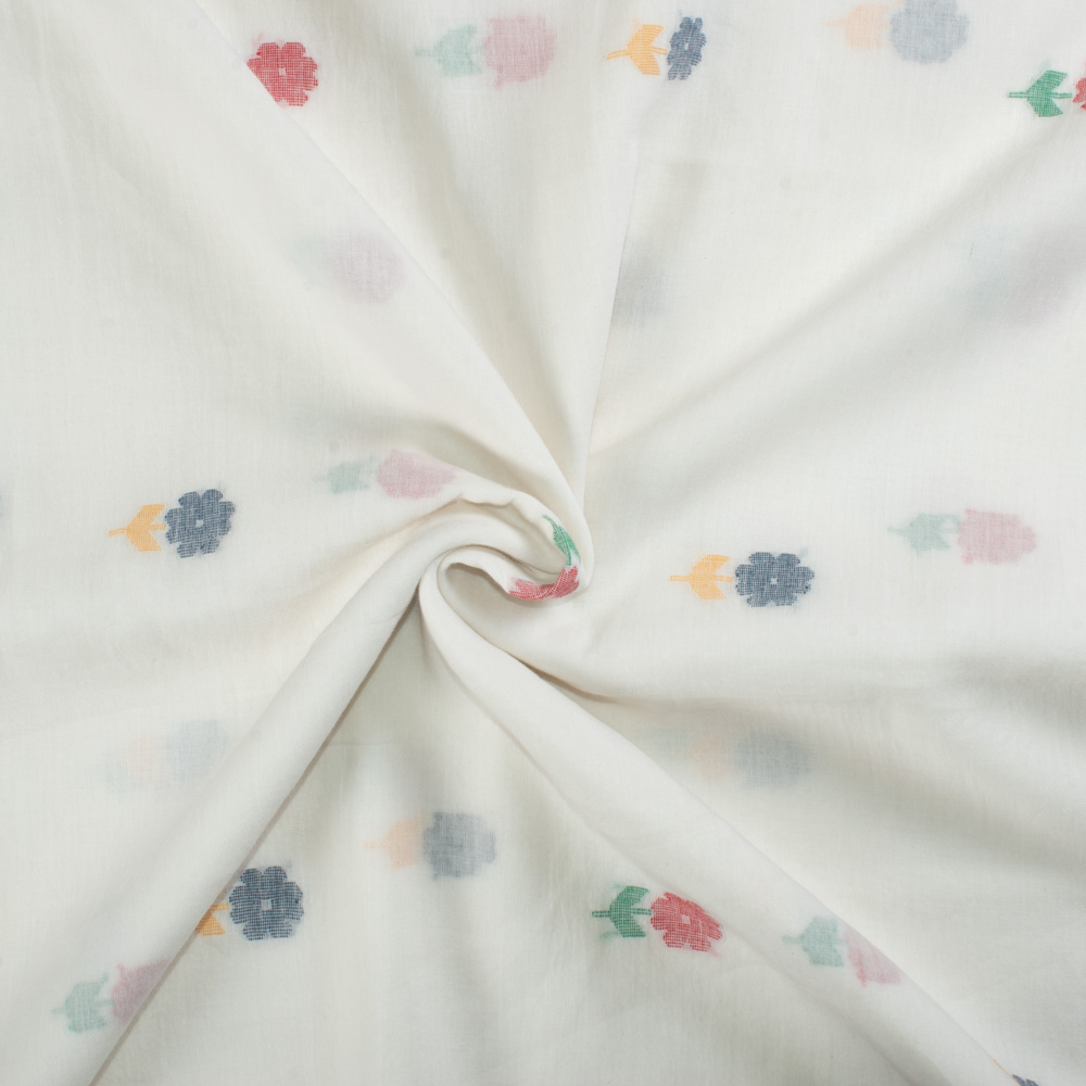 Multi flower White base Jamdani Pure Cotton 55 GSM Handwoven Fabric 