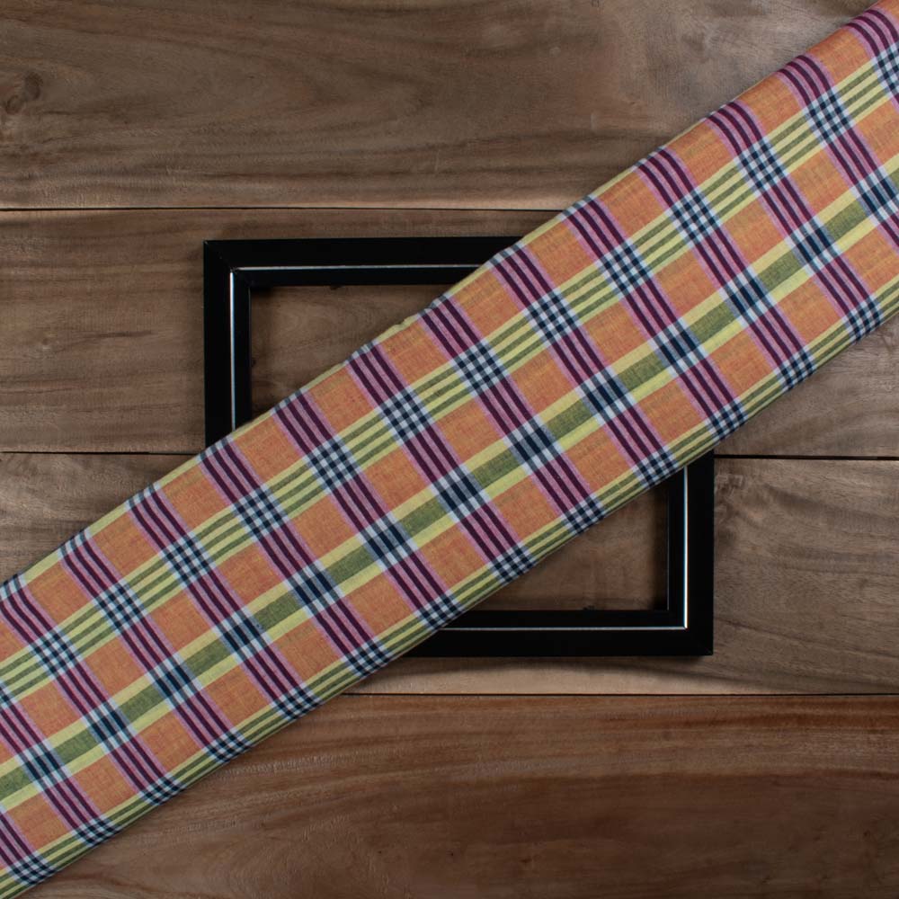 Yellow Base Red Black & White Check Pure Cotton 70 GSM Handwoven Fabric