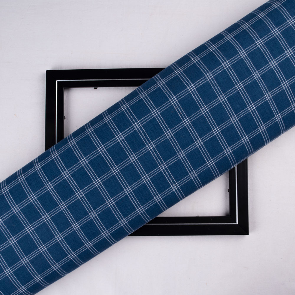 Check Prussian Blue Pure Cotton 90 GSM Handwoven Fabric