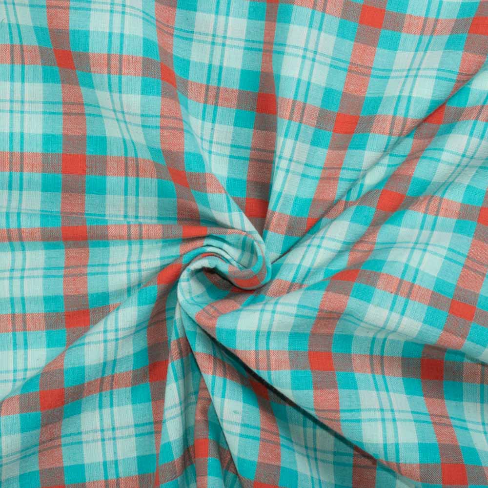 Check White Blue Orange Pure Cotton 105 GSM Handwoven Fabric