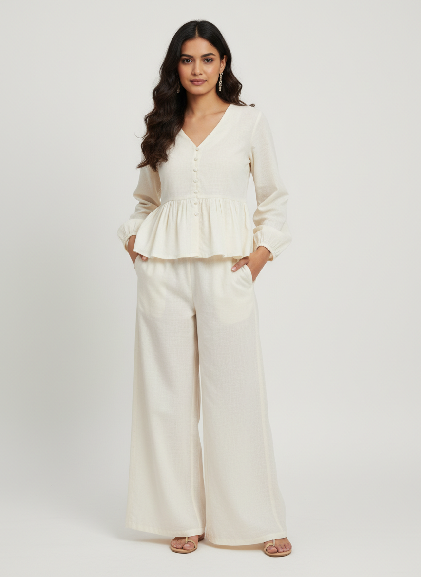 Peplum Buttoned Top & Full Pants Co-ord Set