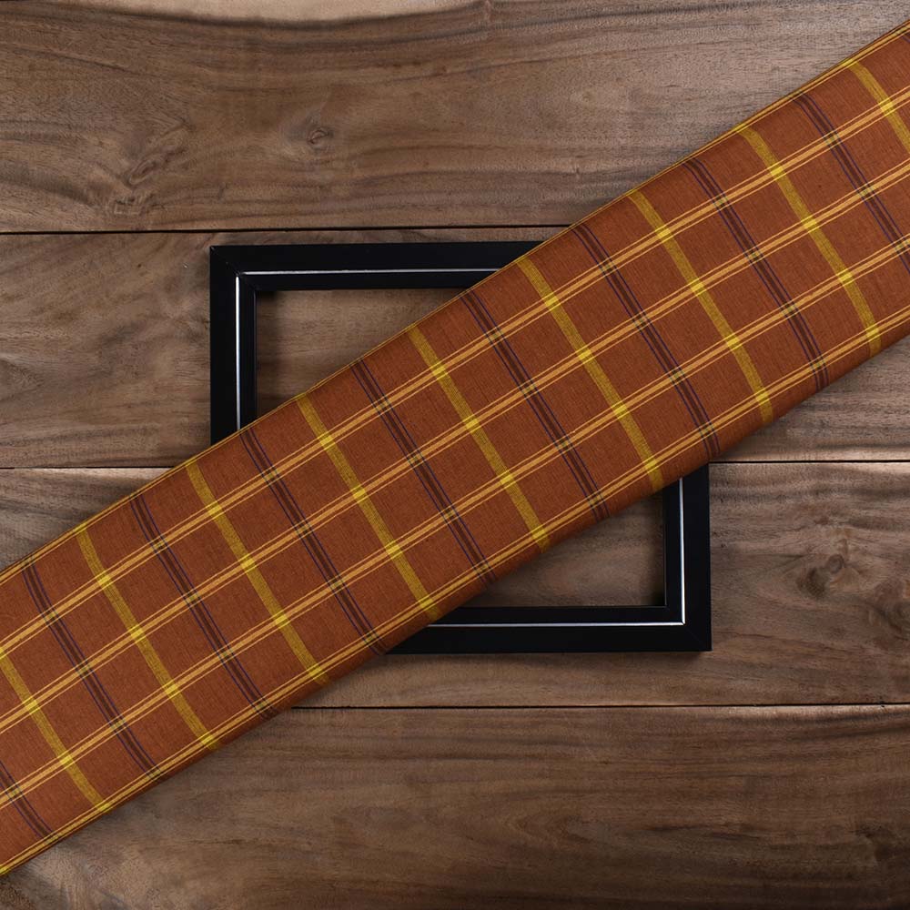 Check Brown Yellow Pure Cotton 97 GSM Handwoven Fabric