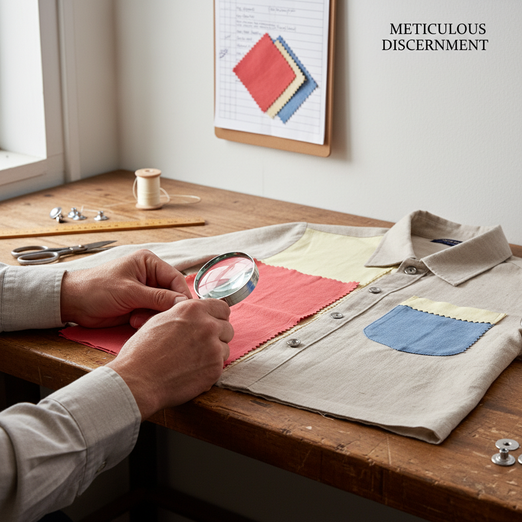 Quality control specialist inspecting fabric color and weave.