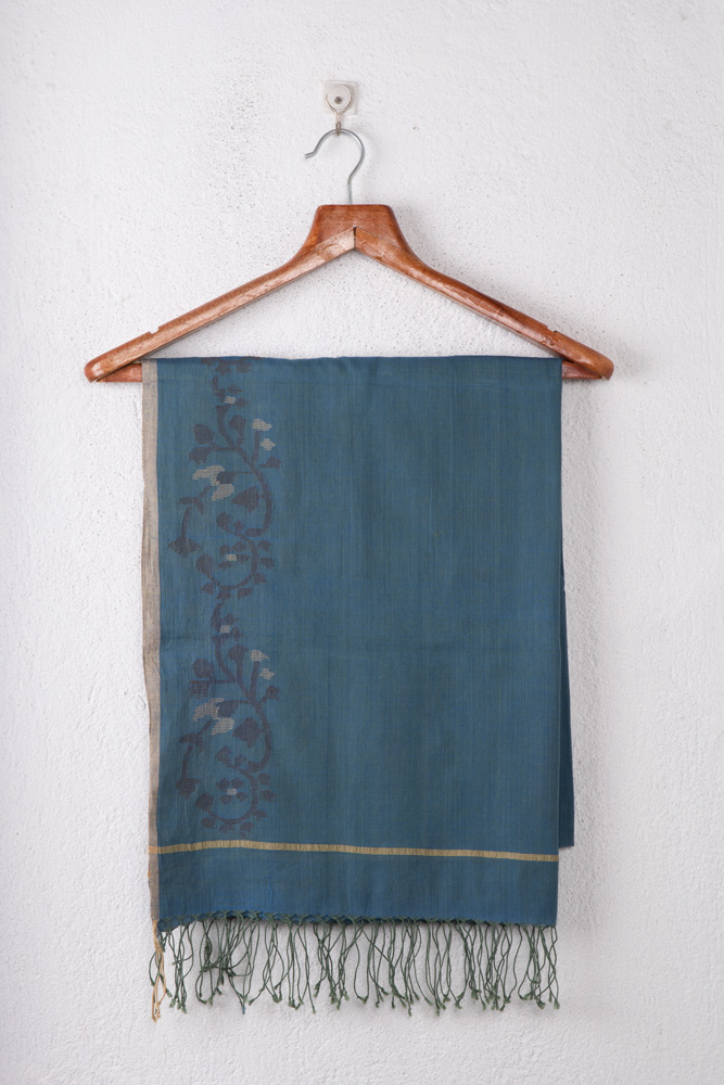 Floral Blue Jamdani Pure Cotton Handwoven Scarf