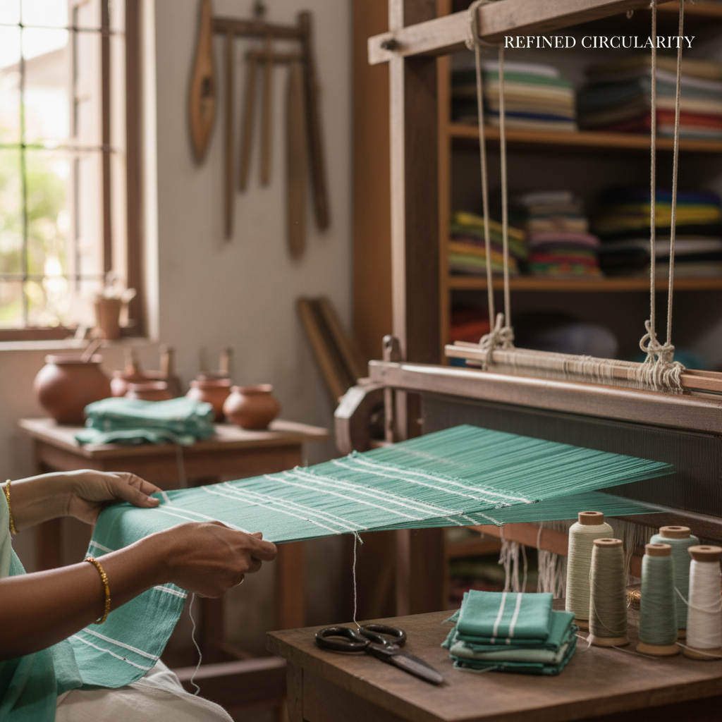 Step-by-step Khesh weaving process converting old sarees into sustainable recycled fabric