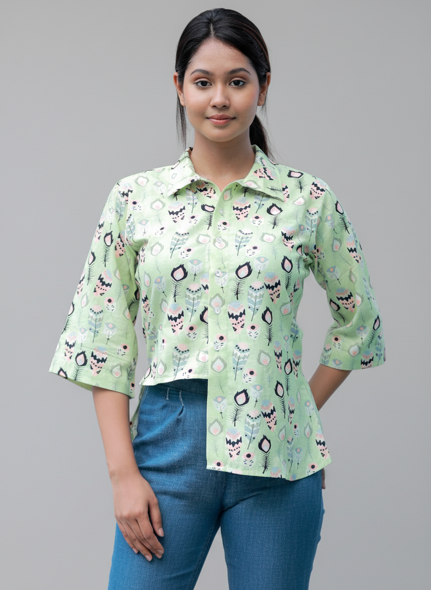 One Sided Long Shirt-Bell Sleeves-Center Buttoned Placket