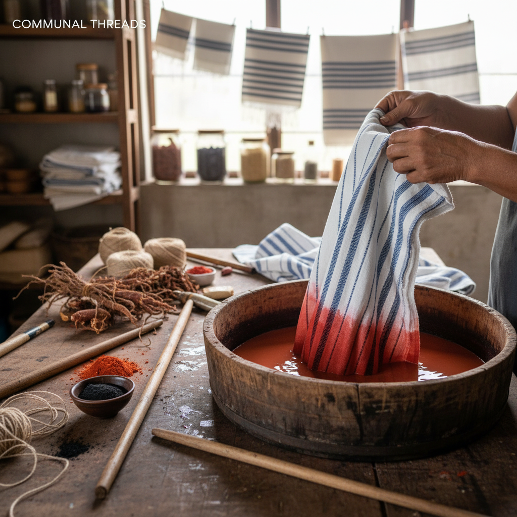 Women preparing old cotton saree strips for traditional Khesh upcycled fabric weaving