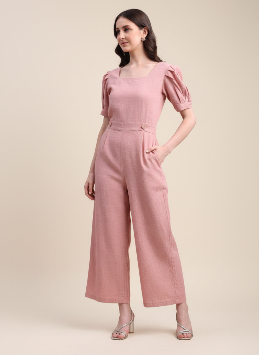 Pleated Sleeve Casual Jumpsuit