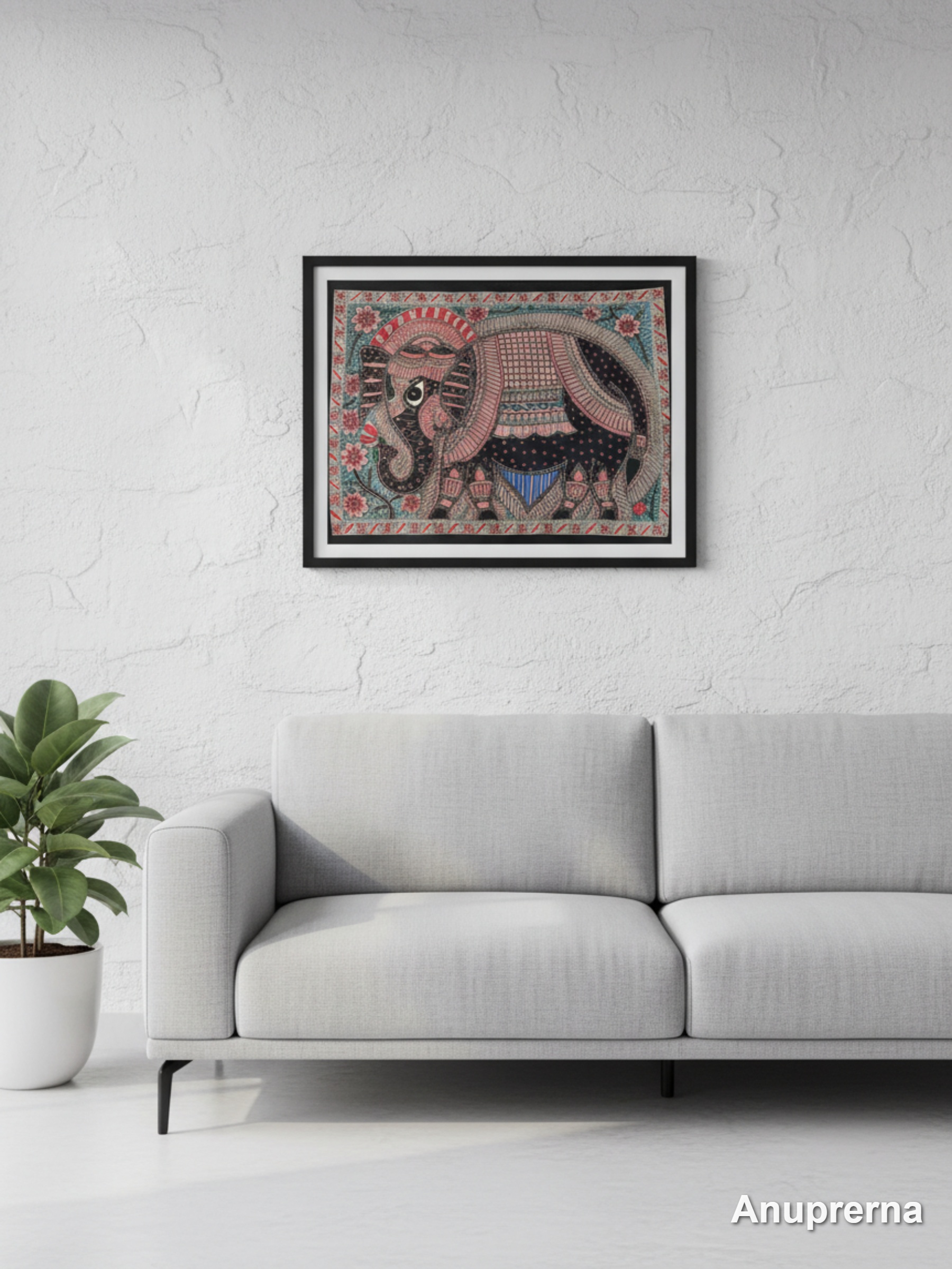 Black Decorated Elephant Madhubani Wall Art Decor