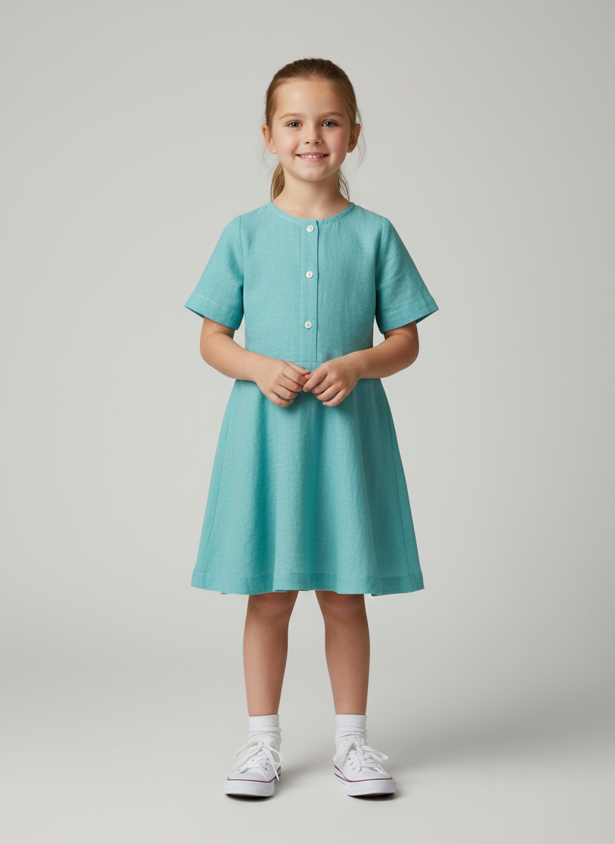 Basic Dress With Front Placket- Short Sleeves- Round Collar