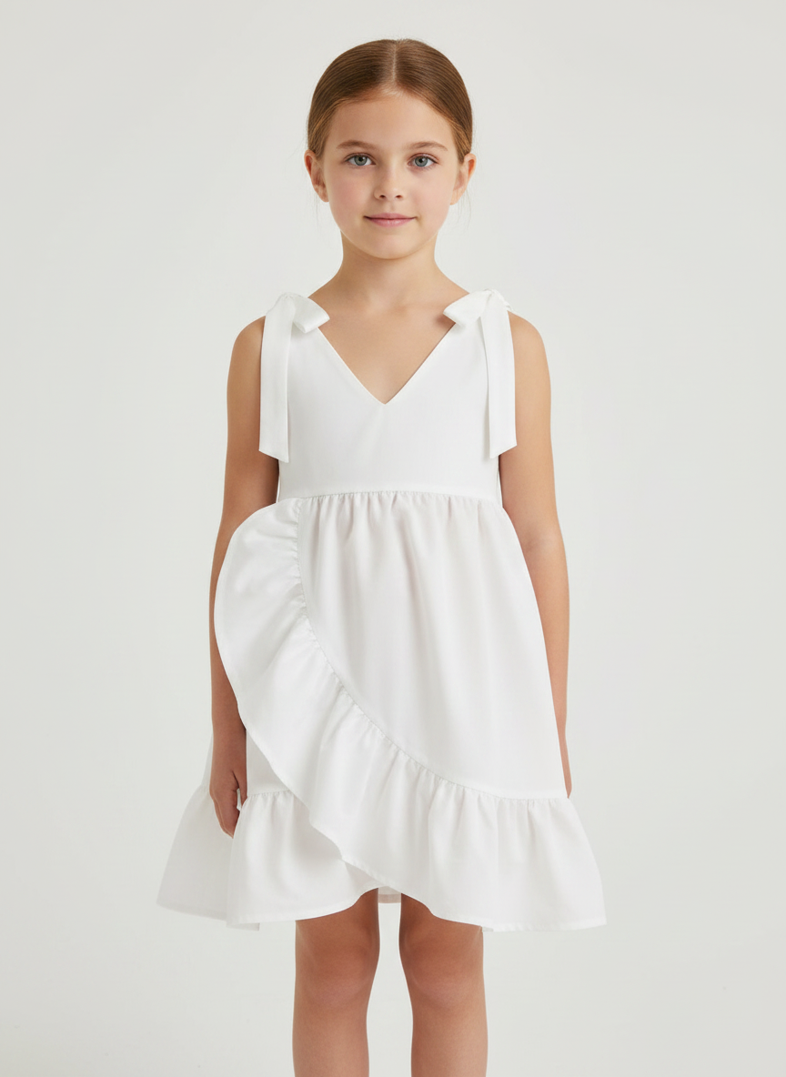 Shoulder Bow Ties Ruffled Asymmetric Dress