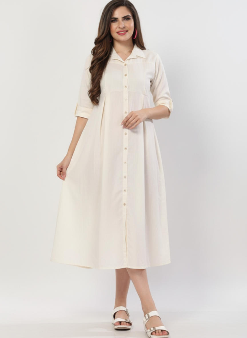 Buttons & Pleats Midi Dress