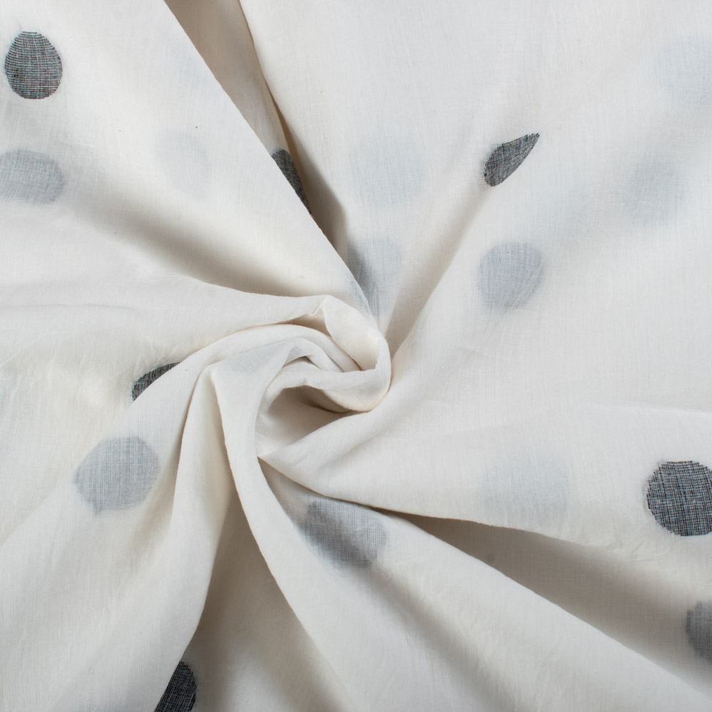 White Base Black Circle Pure Cotton 60 GSM Handwoven Jamdani Fabric