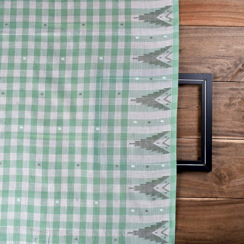 CHECK GREEN WHITE JAMDANI PURE COTTON 60 GSM HANDWOVEN FABRIC