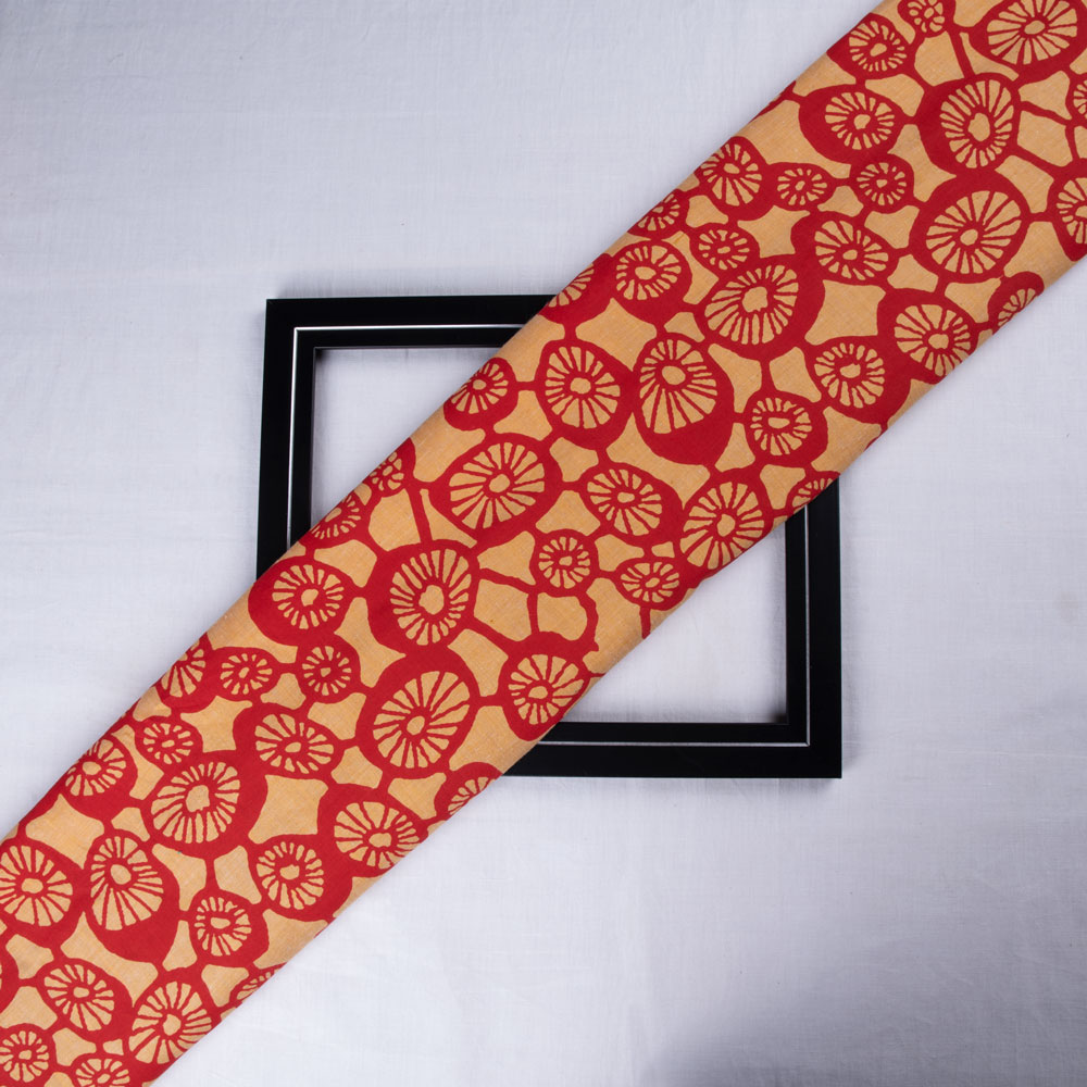 Abstract Red & Peach Screenprinted Cotton Khadi 90 GSM Handwoven Fabric