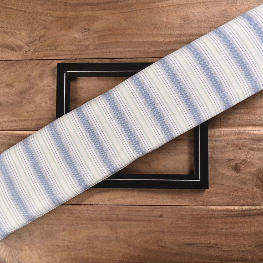 Stripe White Blue And Green Pure Cotton 85 GSM Handwoven Fabric