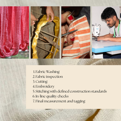 End-to-end garment production process showing fabric washing, inspection, cutting, embroidery, stitching, in-line quality checks, and final measurement during small-batch apparel manufacturing.