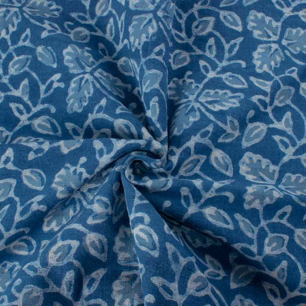 Natural Indigo Blue Block Printed Organic Khadi 174 GSM Handwoven Fabric