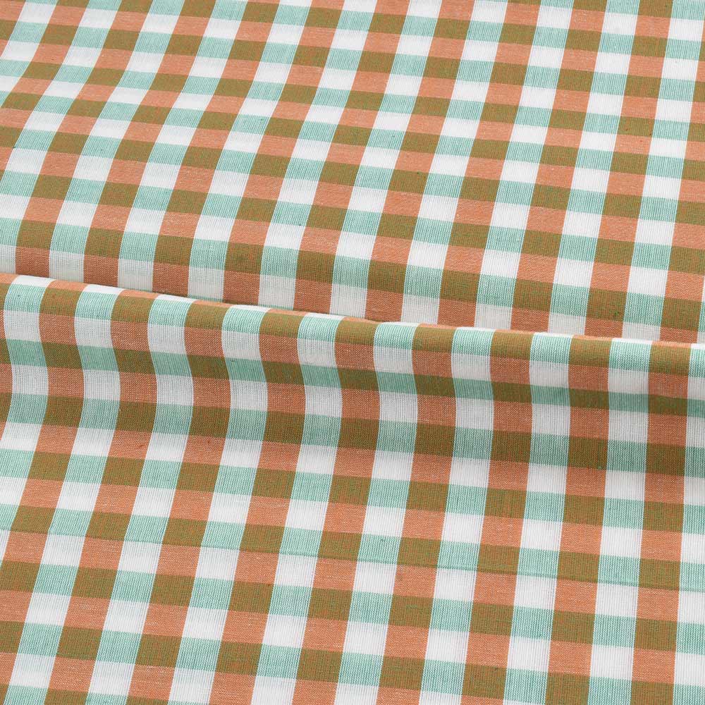 CHECK ORANGE & GREEN PURE COTTON 84 GSM HANDWOVEN FABRIC