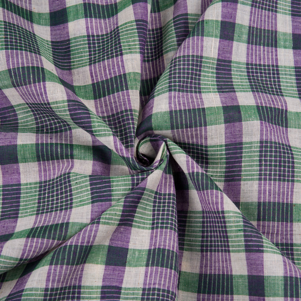 Check Purple & Green Pure Cotton 67 GSM Handwoven Fabric