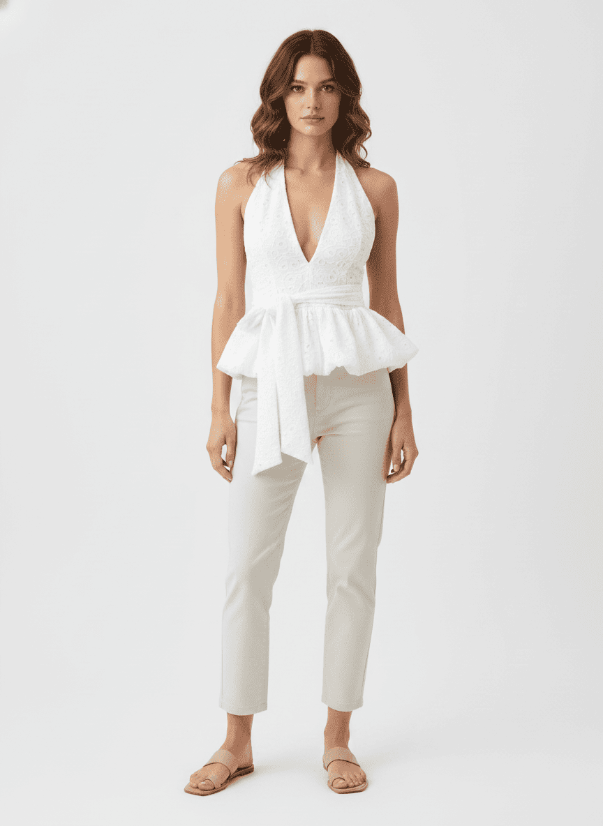 Halter Neck Bubble Peplum Top With Waist Tie