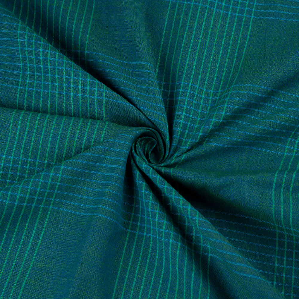 Check Teal Green Pure Cotton 90 GSM Handwoven Fabric