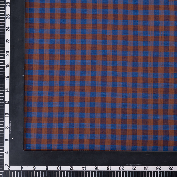 CHECK BLUE & BROWN PURE COTTON 98 GSM HANDWOVEN FABRIC 199
