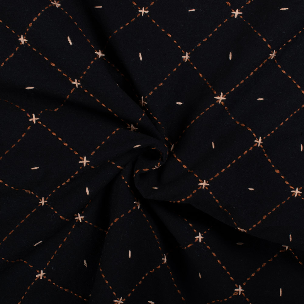 Black Kantha Embroidered Khadi & Cotton 140 GSM Handwoven Fabric