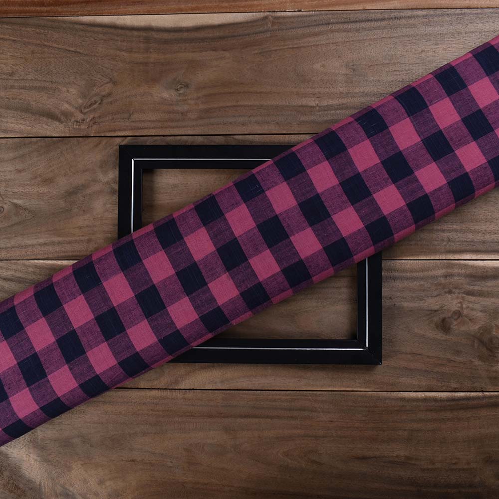 Check Navy Pink Pure Cotton 98 GSM Handwoven Fabric