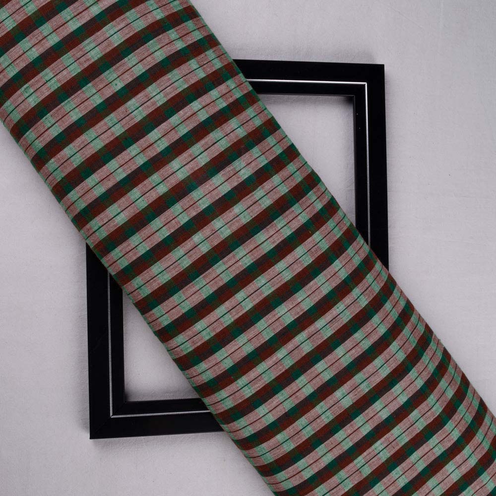 CHECK BROWN & GREEN PURE COTTON 88 GSM HANDWOVEN FABRIC