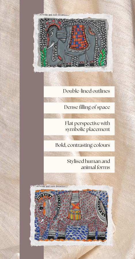 Detailed Madhubani background filled with cross-hatching, dots, and geometric patterns.