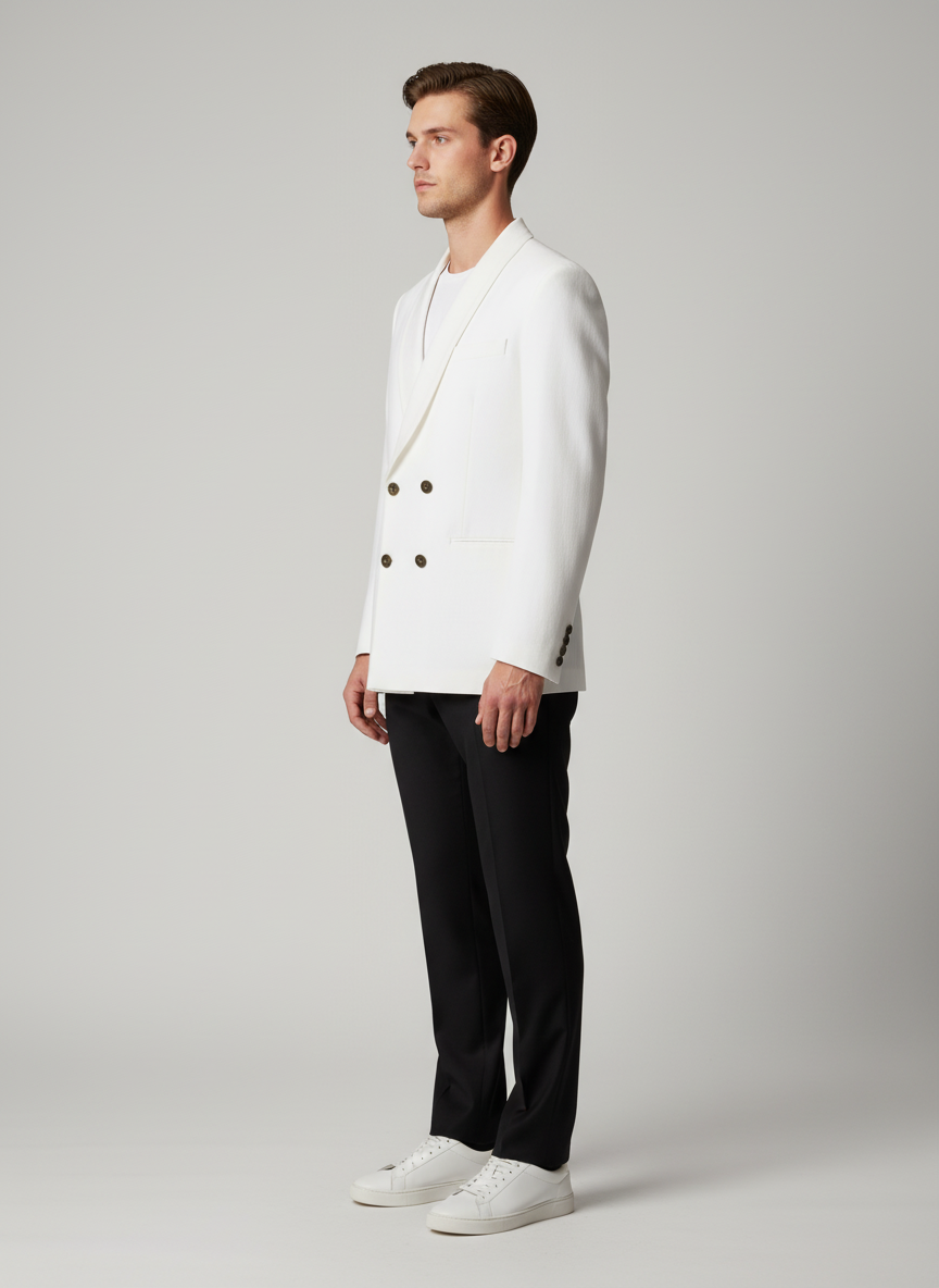 Double Breasted Coat With Plain Wide Lapel- Waist Length