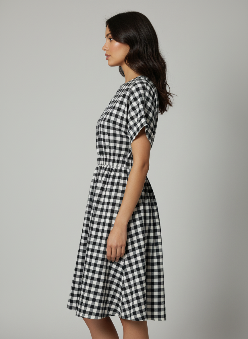 Monochrome Checks Dress with Elastic Belt