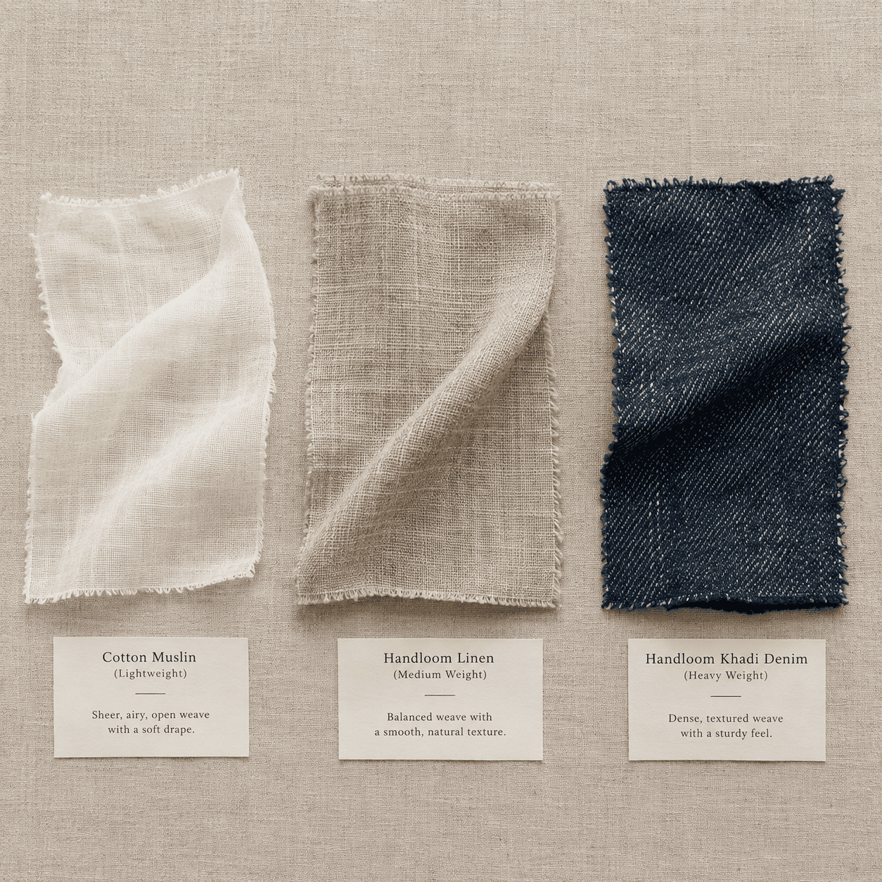Three texture swatches comparing lightweight, medium, and heavy | | handloom fabrics 