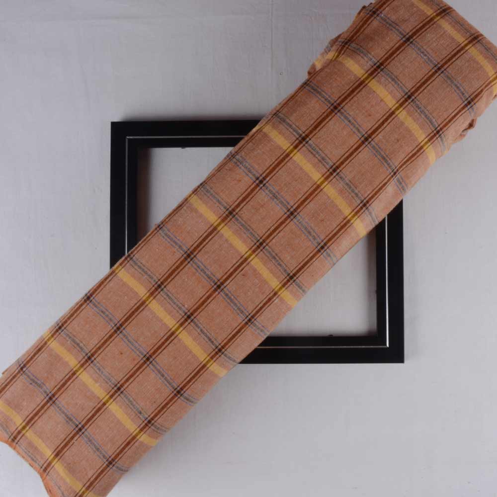 Check Light Brown Pure Cotton 102 GSM Handwoven Fabric