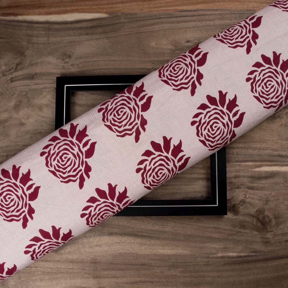 ROSE RED SCREENPRINTED COTTON KHADI 104 GSM HANDWOVEN FABRIC