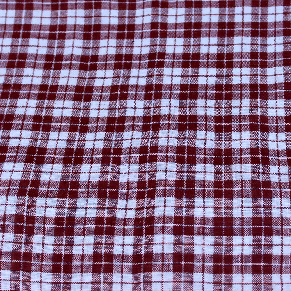 Check Maroon & White Pure Cotton 105 GSM Handwoven Fabric
