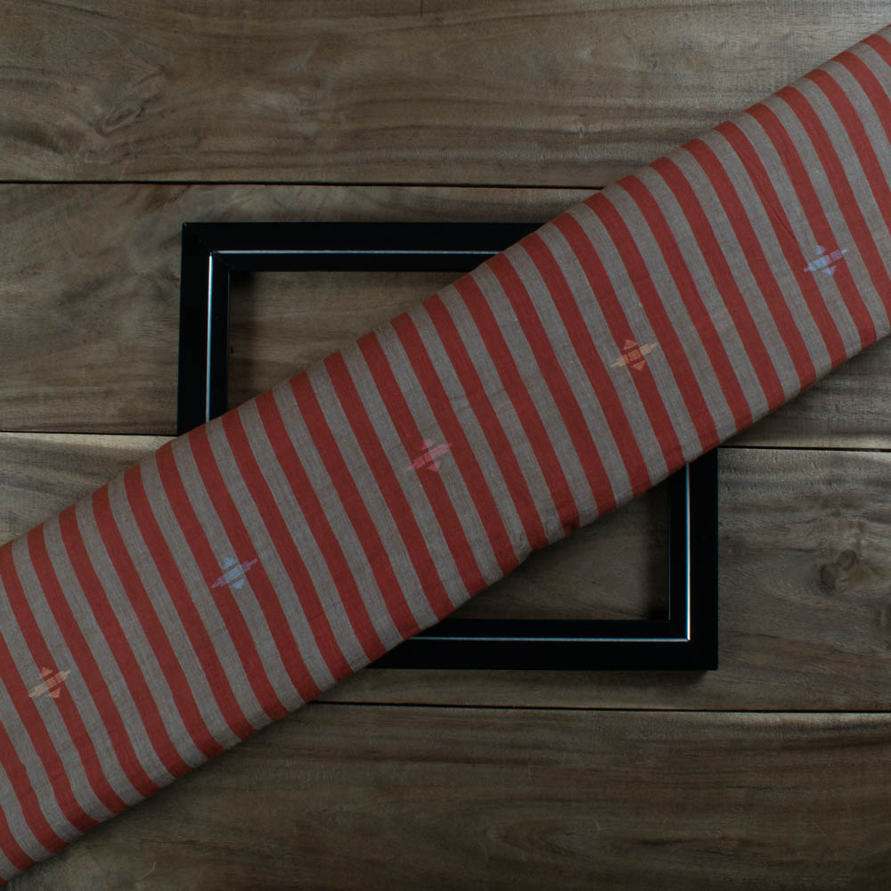 Red & Cream Stripe Geometric Pure Cotton 55 GSM Handwoven Fabric