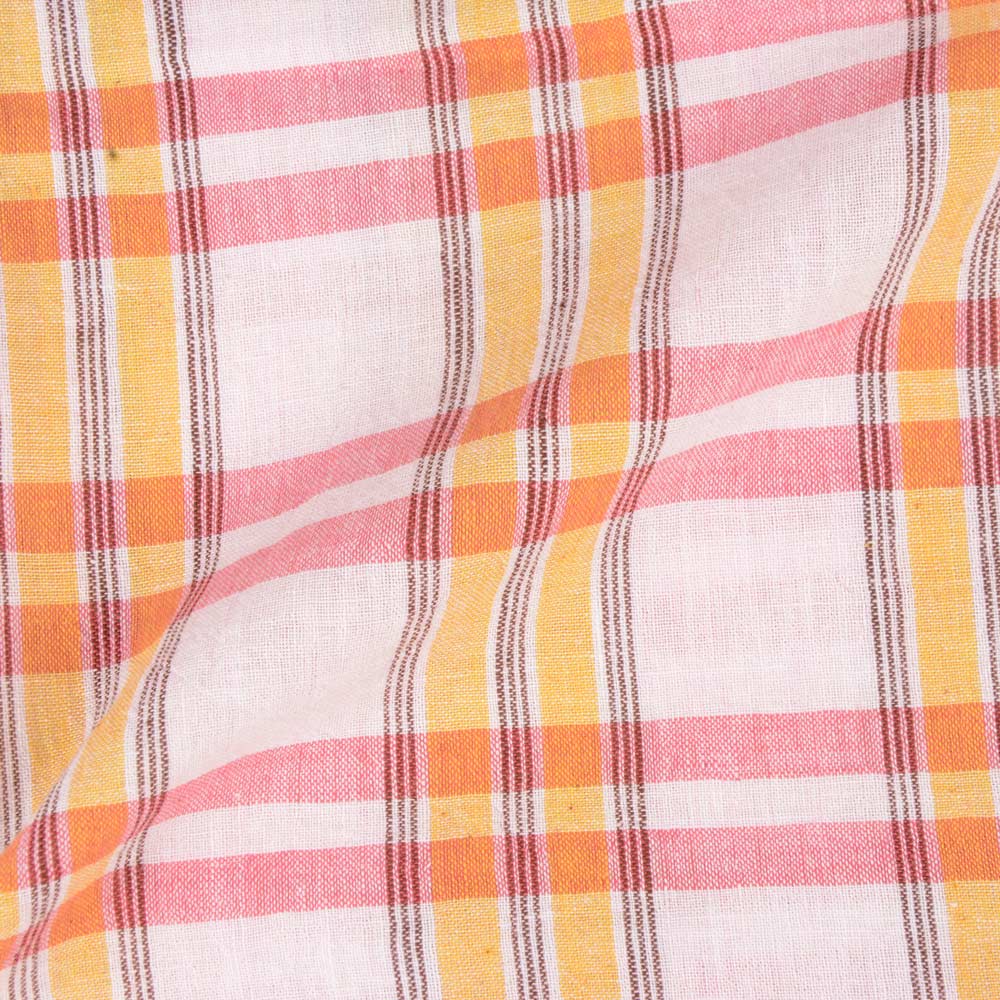 CHECK PINK ORANGE & RED PURE HANDWOVEN COTTON 92 GSM FABRIC
