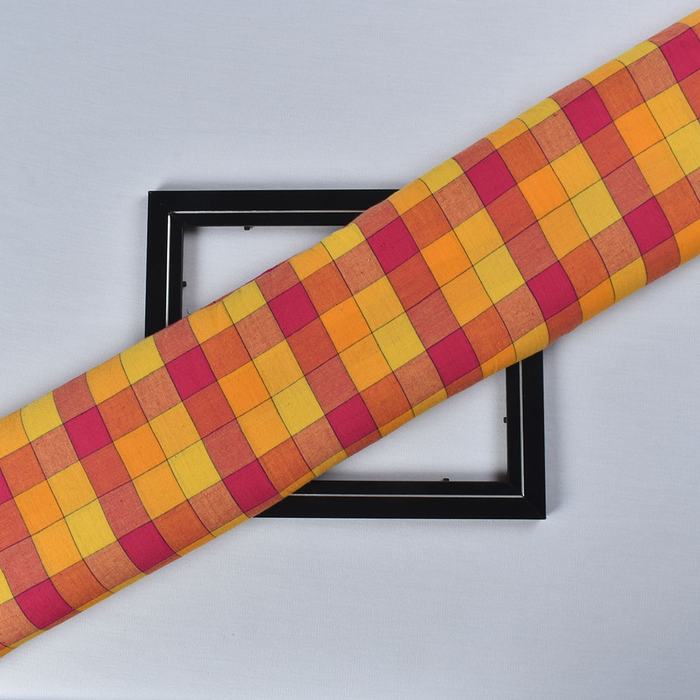 Check Yellow Pink Pure Cotton 92 GSM Handwoven Fabric 572